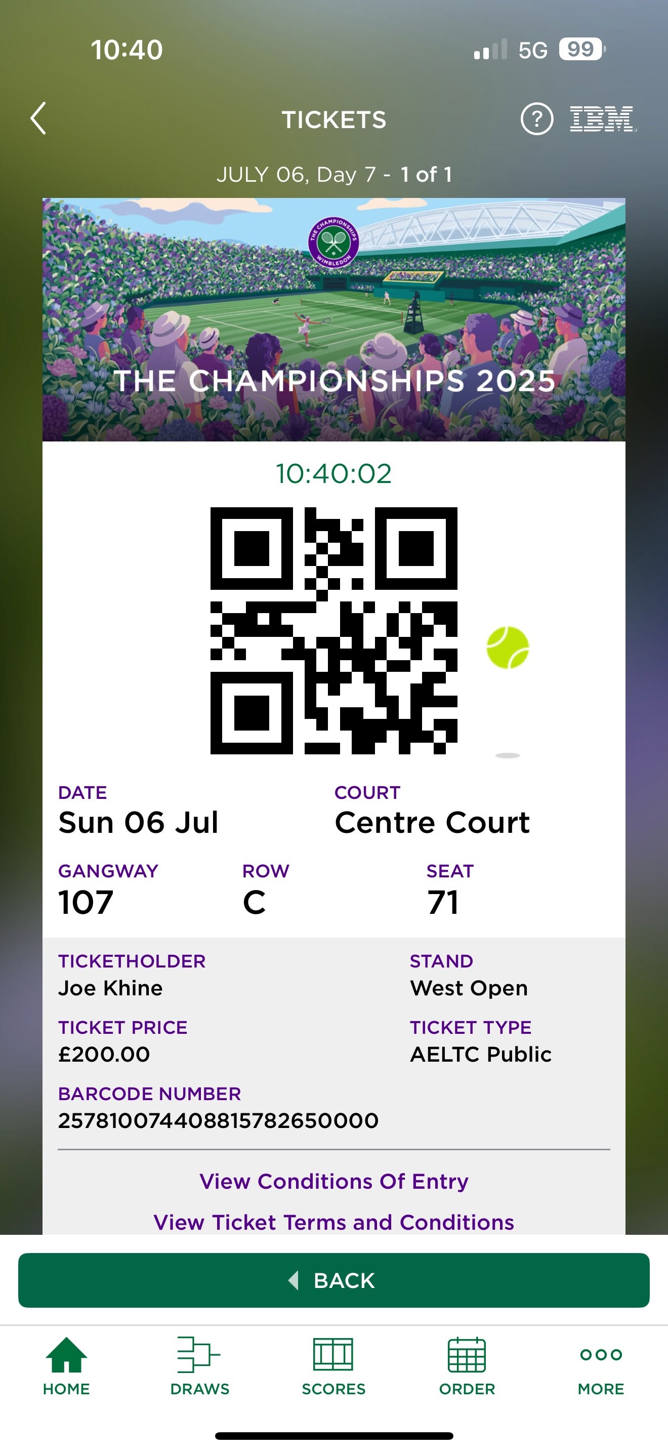 Sunday Wimbledon Ticket